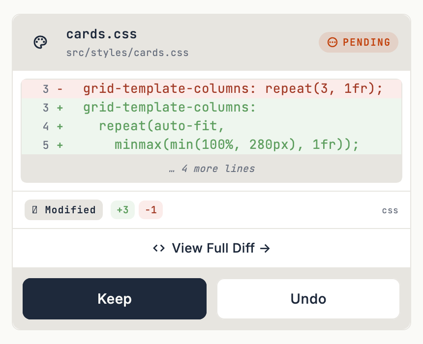 Hooky file-change interface rendered with a sample change and Keep, Undo and View diff actions.